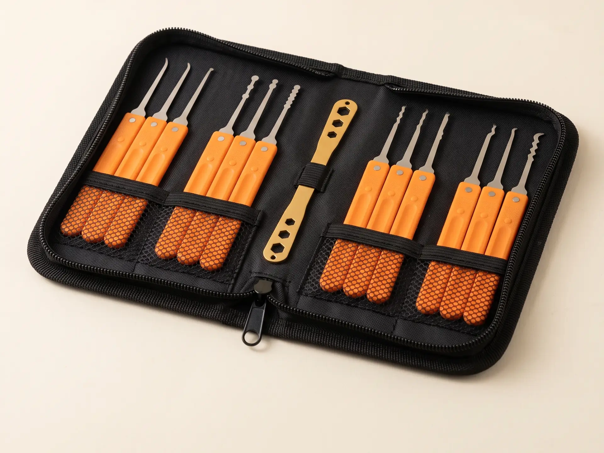 Orange-handled picks organized in the black zippered case